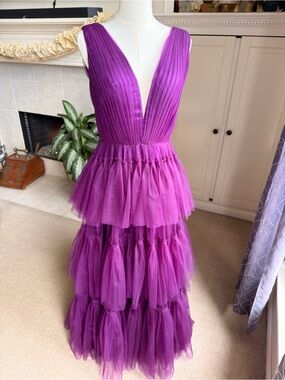 Stunning Magenta Purple Tiered Tulle Ruffle Maxi Gown